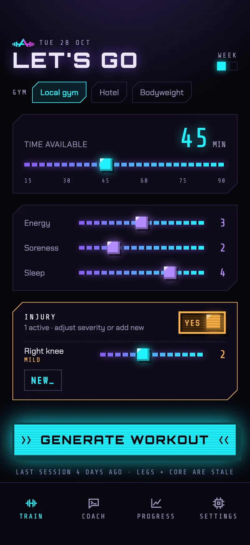 The arrival screen: sliders for time available, energy, soreness and sleep, an injury toggle, and a Generate workout button.
