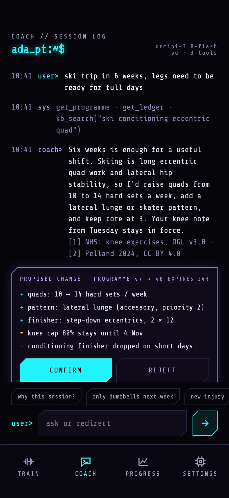 Coach chat in a terminal style, proposing a programme change with Confirm and Reject buttons.