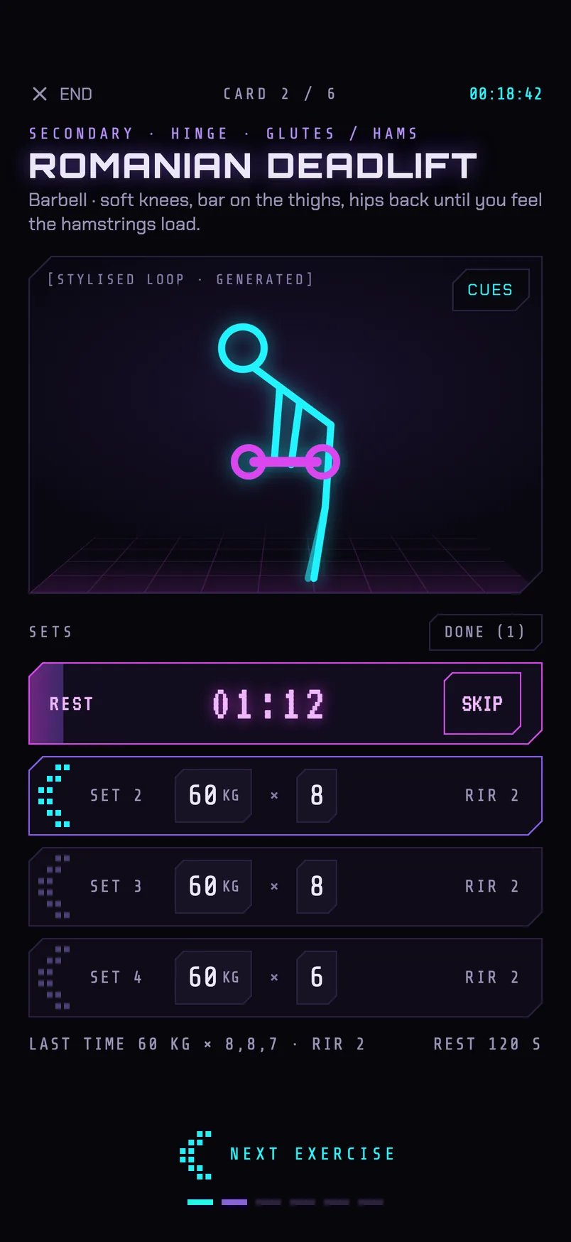 Workout card for a Romanian deadlift with a rest timer and the remaining sets.